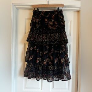 Anthropologie Black Floral Midi Skirt